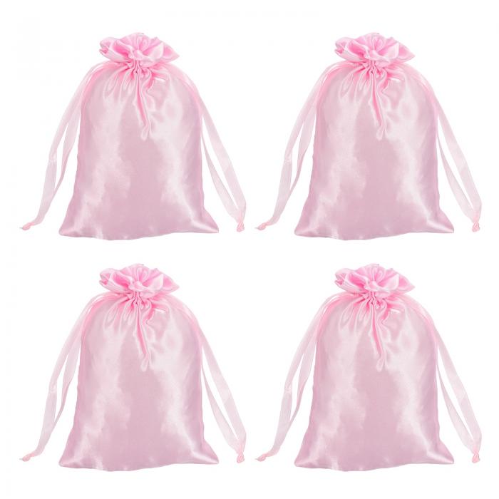 引き紐付きサテンバッグ、4x6インチのウェディングファボーバッグミニギフトパッケージングバッグ、誕生日、クリスマス、宝石パーティー用（ピンク、4個入り）