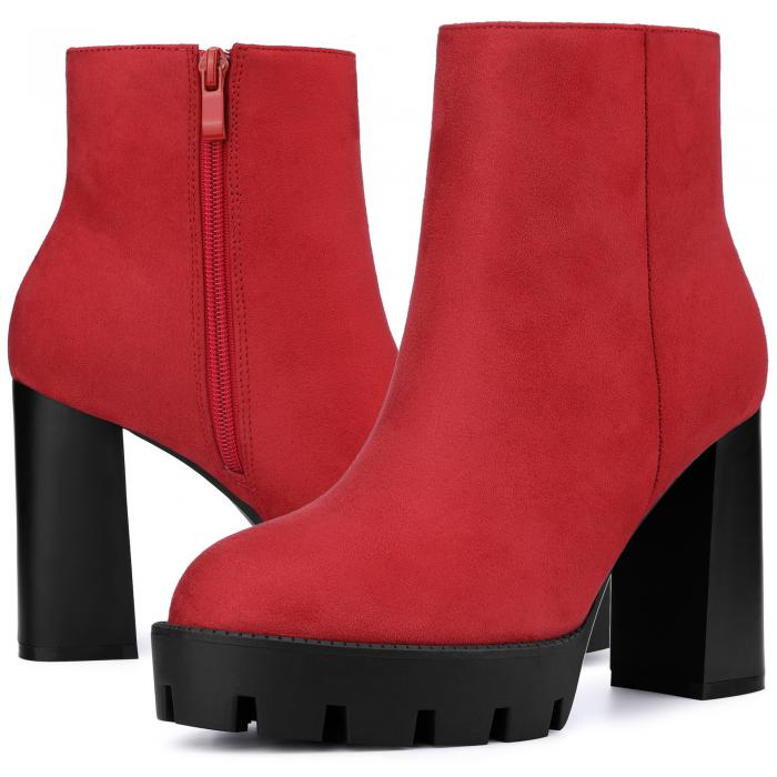 Perphy 女性用プラットフォームブーツラウンドトゥチャンキーヒールアンクルブーツ レッド 26.0cm