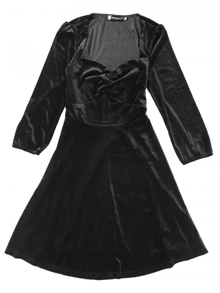 Allegra K ベルベットドレス ワンピース Uネック ヴィンテージ スクエアネック 七分袖 レディース ブラック S