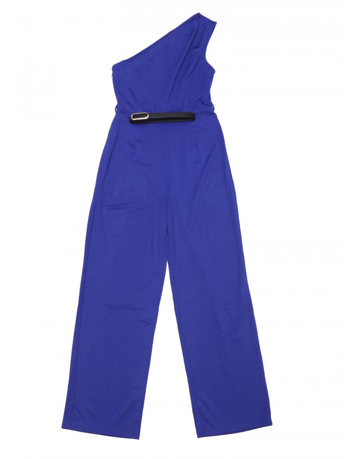 Allegra K ワイドレッグ ロンパース ジャンプスーツ ワンショルダー オールインワン ノースリーブ ベルト付き レディース ロイヤルブルー S