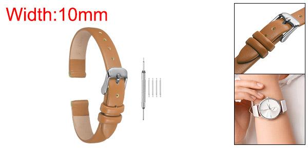 茶色の本物のレザーバンド、10mm幅、フラットで薄いエレガントなレザーウォッチストラップ、シルバートーンのバックル、男性と女性用