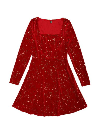Allegra K ベルベット ワンピース 衣装 ミニ パーティードレス スター 星柄 スクエアネック 長袖 レディース レッド XL Allegra K ベルベット ワンピース 衣装 ミニ パーティードレス スター 星柄 スクエアネック 長袖 レディース レッド XL