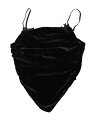 Allegra K タンクトップ キャミソール スパゲッティストラップ トップ レーストリム シャーリング ベルベット レディース ブラック XS