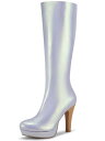 Allegra K ニーハイブーツ チャンキーヒール ラウンドトゥ プラットフォーム レディース シルバー 23.5cm