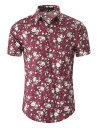 Allegra K 柄シャツ メンズ 半袖 アロハシャツ ワイシャツ 総柄 花柄 カラフル 夏 ビーチ カジュアル ブルゴーニュ ピンク花 38