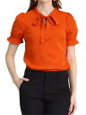 Allegra K トップス ブラウス リラックス フリル袖口 半袖 ちょうネクタイ レディース オレンジレッド M(4)