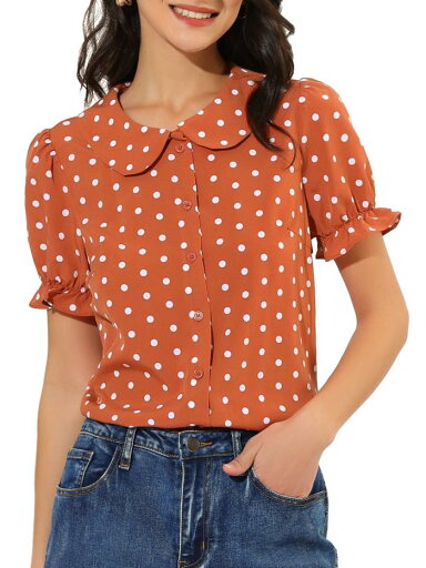 Allegra K フリル水玉 トップス ヴィンテージ シャツ パフスリーブ レディース オレンジレッド XL Allegra K フリル水玉 トップス ヴィンテージ シャツ パフスリーブ レディース オレンジレッド XL