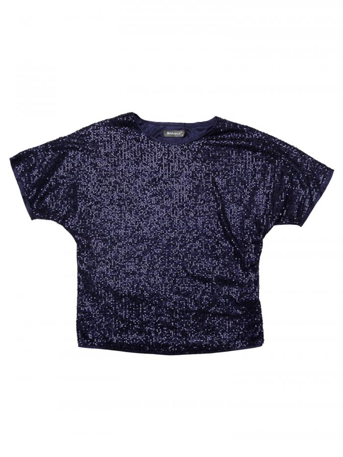 Allegra K Tシャツ クラブウェア ブラウス スパンコールトップス ラウンドネック 半袖 パーティー レディース ネイビーブルー S