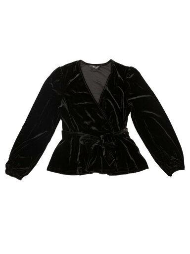 Allegra K レディース ベルベットブラウス ラップタイウエスト 長袖 エレガント Vネック ペプラムブラウス トップス ブラック M Allegra K レディース ベルベットブラウス ラップタイウエスト 長袖 エレガント Vネック ペプラムブラウス トップス ブラック M