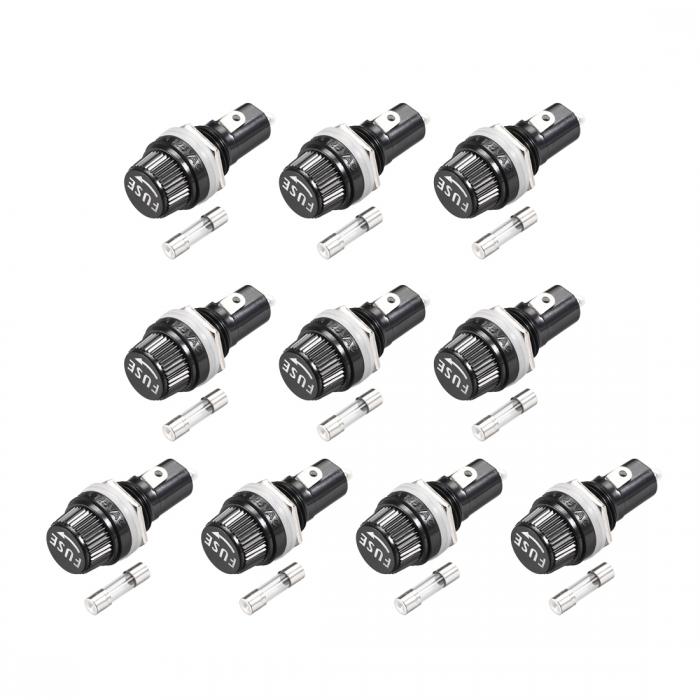 ねじキャップパネルマウントヒューズホルダー AC 125V / 15A 250V / 10A 5 x 20mmガラスヒューズ付き ブラック 10セット