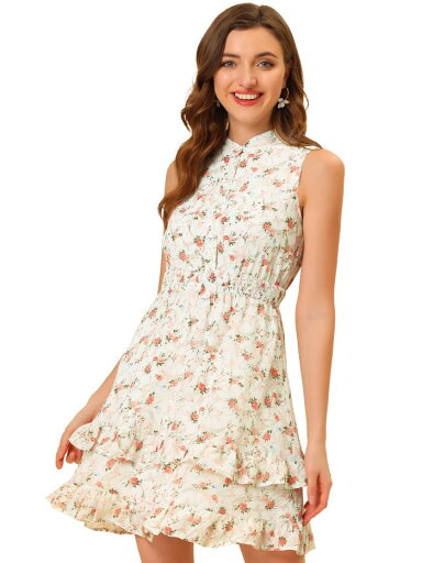 Allegra K 花柄 フリルワンピース シフォン Aライン ミニ スモックウエスト レディース ホワイト フローラル XL Allegra K 花柄 フリルワンピース シフォン Aライン ミニ スモックウエスト レディース ホワイト フローラル XL