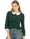 Allegra K チェック柄 丸襟 ブラウス シャツ パフスリーブ 長袖 クリスマス レディース グリーン XS(4)
