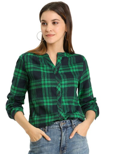 Allegra K チェック柄 トップス ブラウス Vネック 長袖 千鳥格子 ボタンシャツ カジュアル レディース ダークグリーン S Allegra K チェック柄 トップス ブラウス Vネック 長袖 千鳥格子 ボタンシャツ カジュアル レディース ダークグリーン S