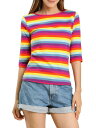Allegra K ボーダー tシャツ トップス ストライプ 横縞 七分袖 丸首 カジュアル レディース マルチカラー XL(4)