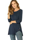 Allegra K チュニック トップス ロングtシャツ ボタン飾り カジュアル ストレッチ 七分袖 レディース ダークブルー XL