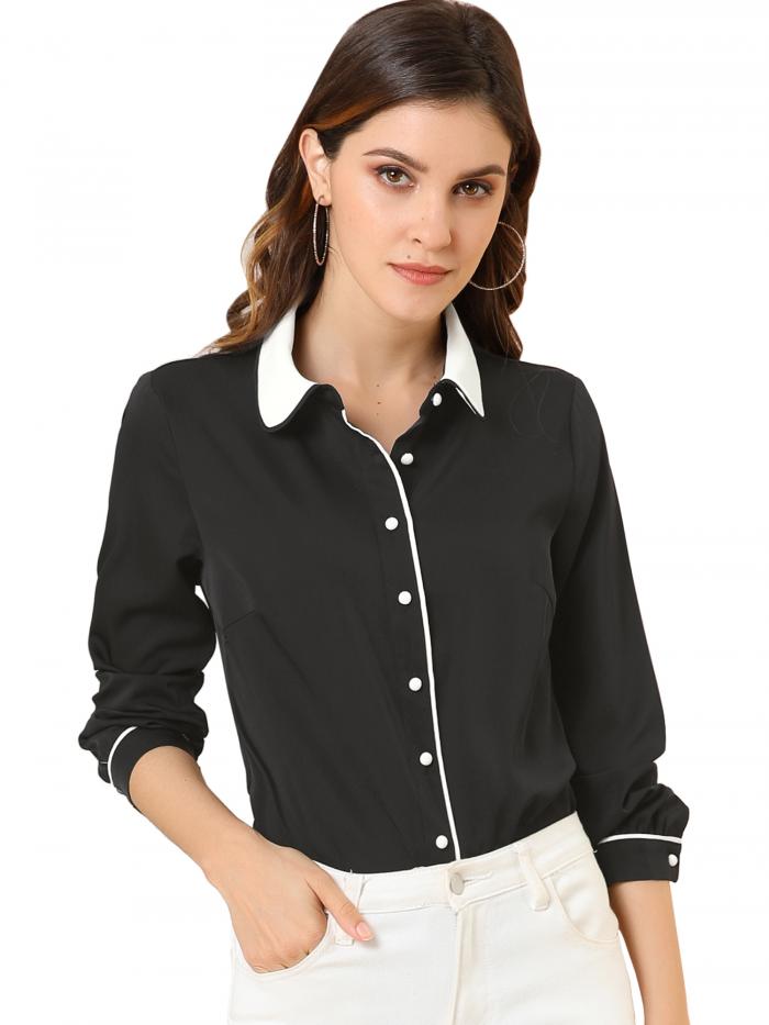 Allegra K 丸襟ブラウス シャツ オフィス ビジネス 長袖 ボタン トップス 春 秋 レディース ブラック XS