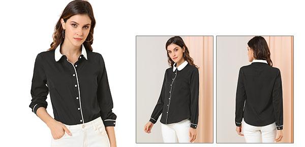 ソウテン Allegra K 丸襟ブラウス シャツ オフィス ビジネス 長袖 ボタン トップス 春 秋 レディース ブラック S