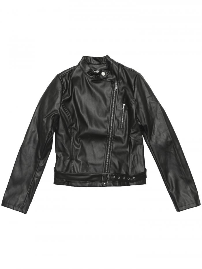 Allegra K スタンドカラージャケット 黒コート フェイクレザー PU 長袖 ベルト付き モーター バイカー ..