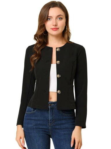 Allegra K ノーカラージャケット ブレザー オフィス 事務服 前ボタン エレガント レディース ブラック L Allegra K ノーカラージャケット ブレザー オフィス 事務服 前ボタン エレガント レディース ブラック L