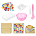 ガラスモザイクタイル 木製コースター付き クラフトセット DIY 四角コースター装飾 90x90x10mm 大人用 ハンドメイド手芸材料 ギフト カラフル モザ...