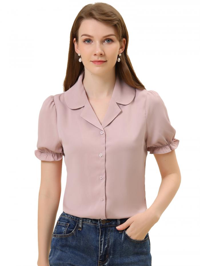 Allegra K ブラウス レディース 半袖 シフオンブラウス Vネック シャツ ボタンフロント オフィス 無地 カジュアル トップス 着痩せ おしゃれ 通勤 OL グレー S