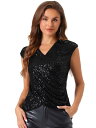 Allegra K スパンコール トップス ブラウス メタリック 光沢 Vネック キャップスリーブ パーティー クラブ レディース ブラック S