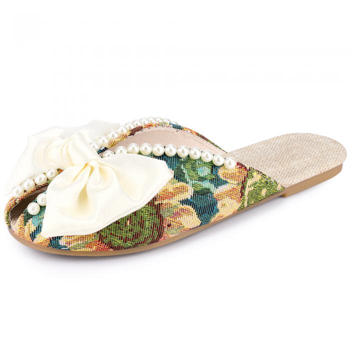 Perphy 花柄ピープトゥ スリッポン パール フラット スライド ミュール レディース アプリコット 23.0cm