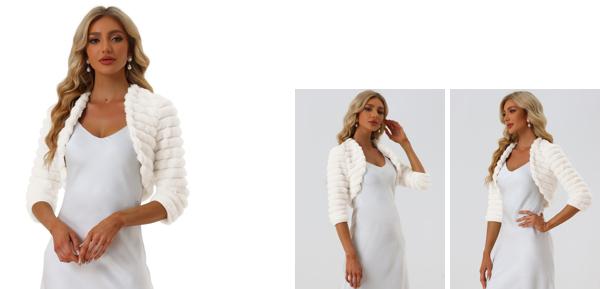 Allegra K ボレロ クロップド カーディガン シュラグ オープンフロント フェイクファー レディース ホワイト S