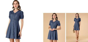 ソウテン Allegra K ミニワンピース ドレス パフ半袖 ボタンダウン Vネック Aライン シャンブレー レディース ダークブルー L