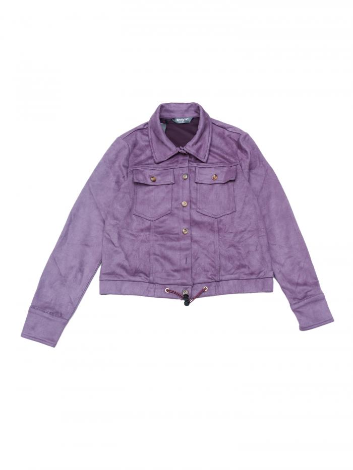 Allegra K バイカーモトジャケット カジュアル ポイントカラー フラットポケット 長袖 ショートジャケット レディース パープル M