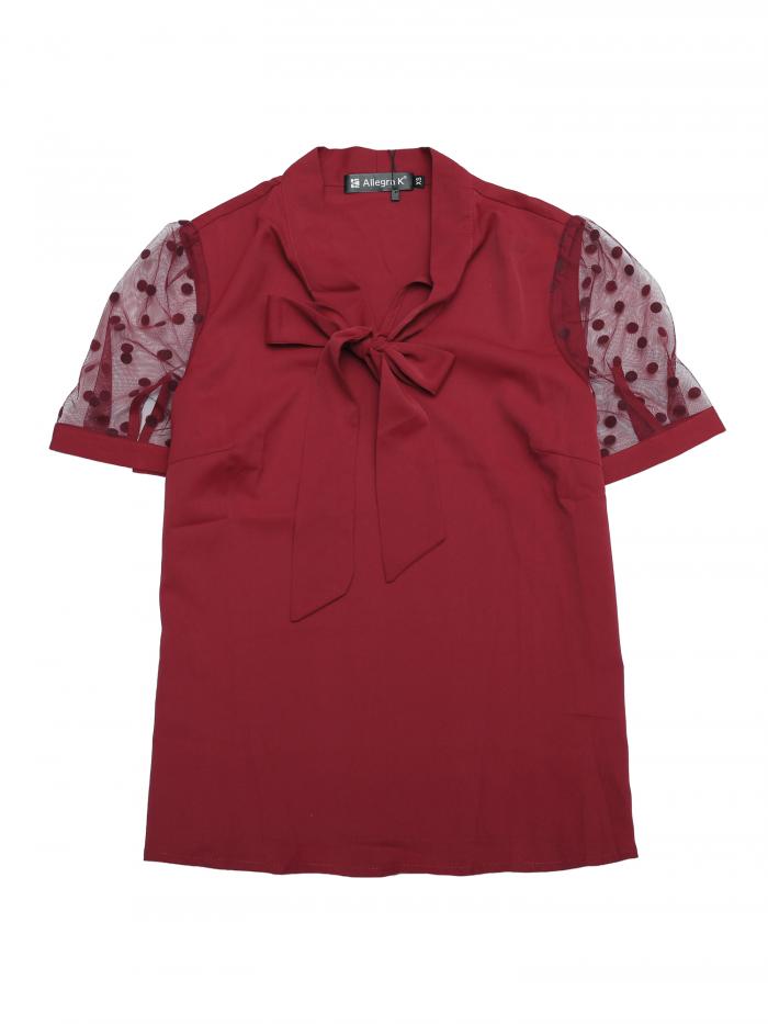 Allegra K ブラウス シースルー 半袖 シフオンブラウス フリル リボン付き シャツ オフィス メッシュ トップス 着痩せ エレガント ボウタイブラウス ゴージャス レディース レッド XS