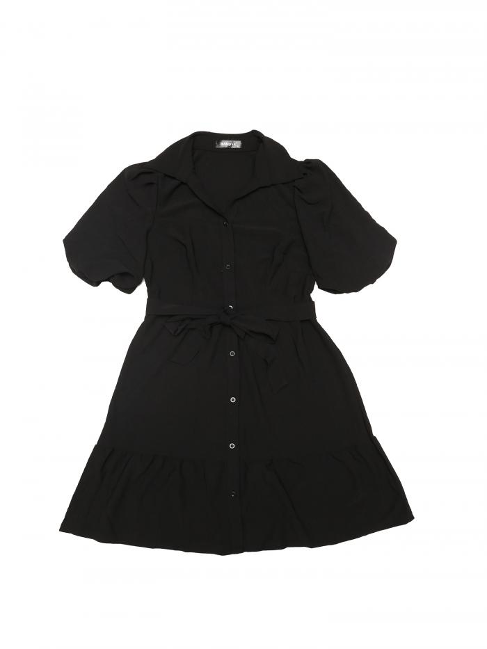 Allegra K レディース Vネック ベルト付き バブルスリーブ 半袖 ティアード 膝上 シャツドレス ボタンダウン 夏ワンピース ブラック XS