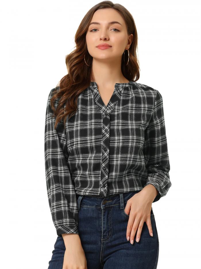 Allegra K チェック柄 トップス ブラウス Vネック 長袖 千鳥格子 ボタンシャツ カジュアル レディース ブラック S