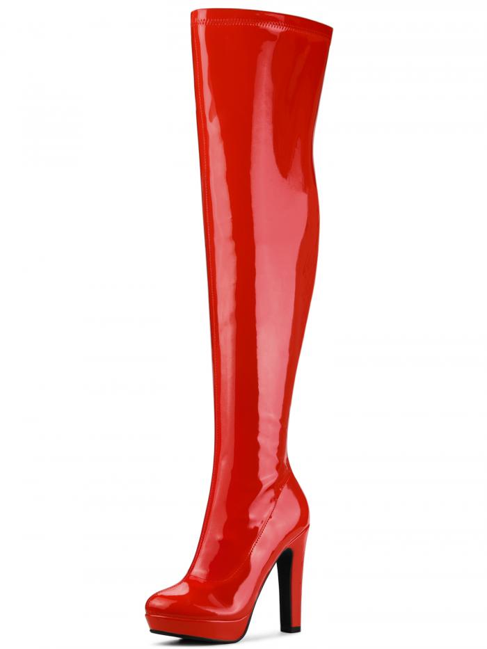 Allegra K ニーハイブーツ ロングブーツ パテントレザー プラットフォーム サイハイブーツ レディース ..