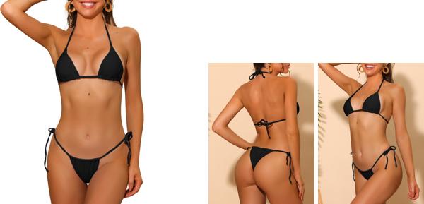 Elerevyo レディース ホルターネック サイドビキニ セット、2 ピース ドローストリング Tバック トライアングル ボトムス ベーシック 水着 水着ブラック Small
