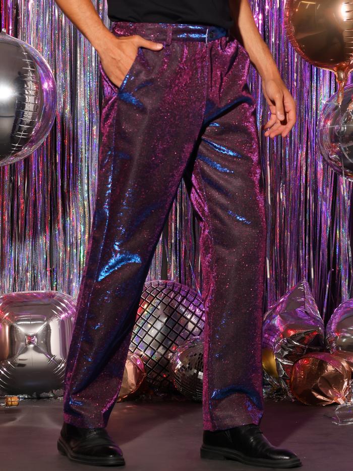 Lars Amadeus ロングパンツ スパンコール シャイニー メタリック スラックスパンツ 光沢 パンツ ディスコ パーティーダンス メンズ パープル 30