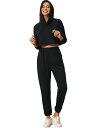 cheibear レディース パーカー ジャージ ラウンジウェア セット クロップ スウェットシャツとロング ジョガー ブラック XL