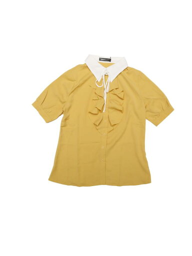 Allegra K シフオンブラウス ネクタイ 通勤シャツ フリル フロントボタン 半袖 コントラストカラー レディース イエロー L Allegra K シフオンブラウス ネクタイ 通勤シャツ フリル フロントボタン 半袖 コントラストカラー レディース イエロー L
