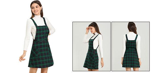Allegra K ジャンパースカート サロペット サスペンダースカート オーバーオール チェック柄 Aライン レディース グリーン S