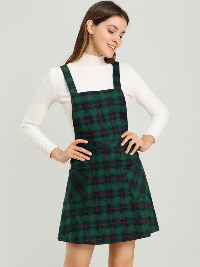 Allegra K ジャンパースカート サロペット サスペンダースカート オーバーオール チェック柄 Aライン レディース グリーン S