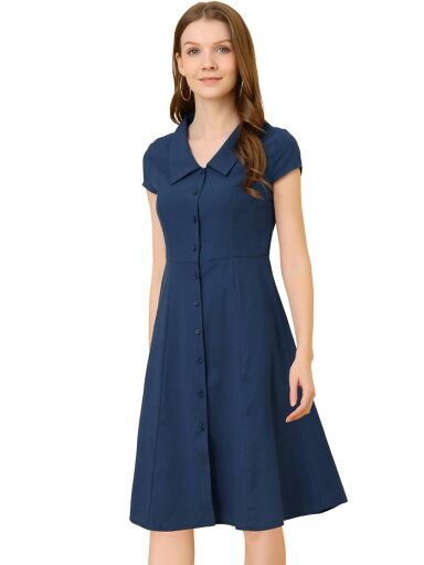 Allegra K ミディドレス ワンピース シャツドレス キャップスリーブ コットン ワーク ボタンダウン レディース ネイビーブルー XL Allegra K ミディドレス ワンピース シャツドレス キャップスリーブ コットン ワーク ボタンダウン レディース ネイビーブルー XL