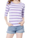 Allegra K ボーダー tシャツ トップス ストライプ 横縞 七分袖 丸首 カジュアル レディース ライトパープル 2XL(4)