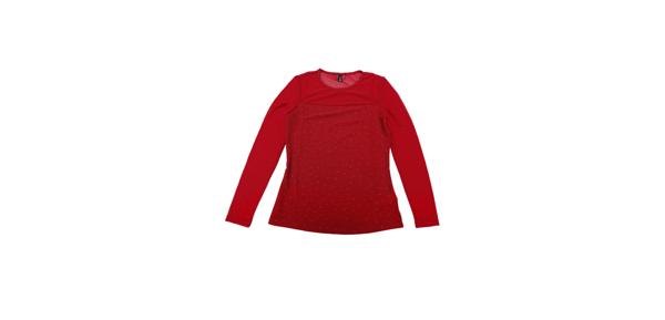 Allegra K 光沢のある メッシュトップス レディース グリッターラウンドネック 長袖スパークブラウス レッド XL