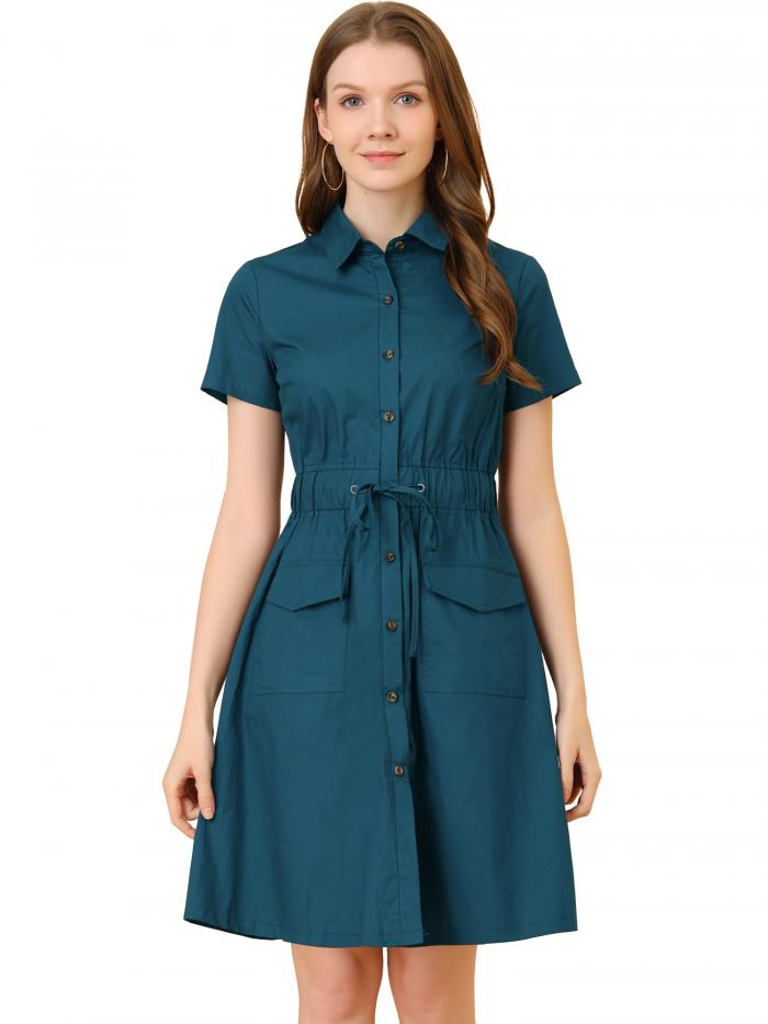 Allegra K シャツワンピース 綿 無地 ボタン ウエストゴム 半袖 ポケット付き レディース ネイビーブルー XL