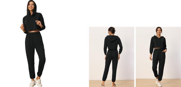 cheibear レディース パーカー ジャージ ラウンジウェア セット クロップ スウェットシャツとロング ジョガー ブラック S