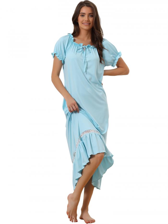 cheibear レディースビクトリア朝ネグリジェフリル半袖ネクタイネックナイトシャツパジャマスリープドレス ブルー S
