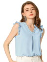 Allegra K フリルブラウス トップス ノースリーブ Vネック 無地 オフィス カジュアル レディース ブルー XL(4)