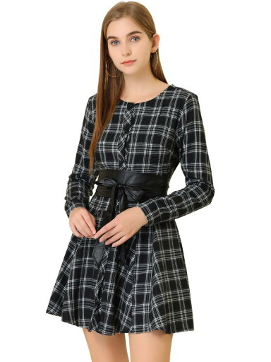 Allegra K チェック ワンピース Aライン フレア チェック柄 長袖 リボン ベルト 付き 可愛い レディース ブラック L Allegra K チェック ワンピース Aライン フレア チェック柄 長袖 リボン ベルト 付き 可愛い レディース ブラック L