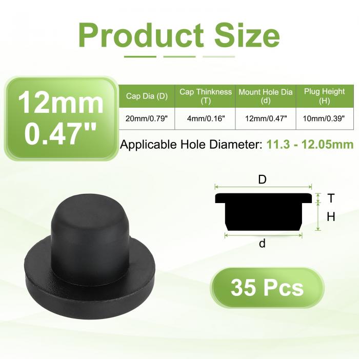 35個のシリコンホールプラグ12mm、11.3-12.05mmの穴用の黒い高温T型ゴムストッパー、粉体塗装、シーリングプラグ、パイプ穴用の防水ボタンホールエンドカバー [3]