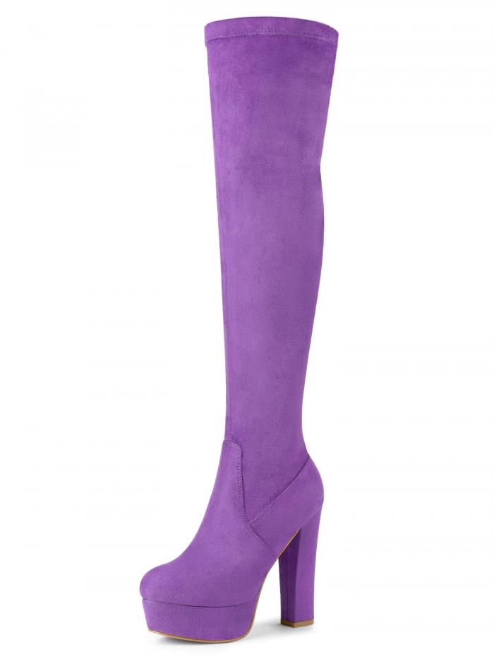 Allegra K ニーハイブーツ 厚底 ブーティ プラットフォーム ブロックヒール レディース パープル 26.0cm(4)
